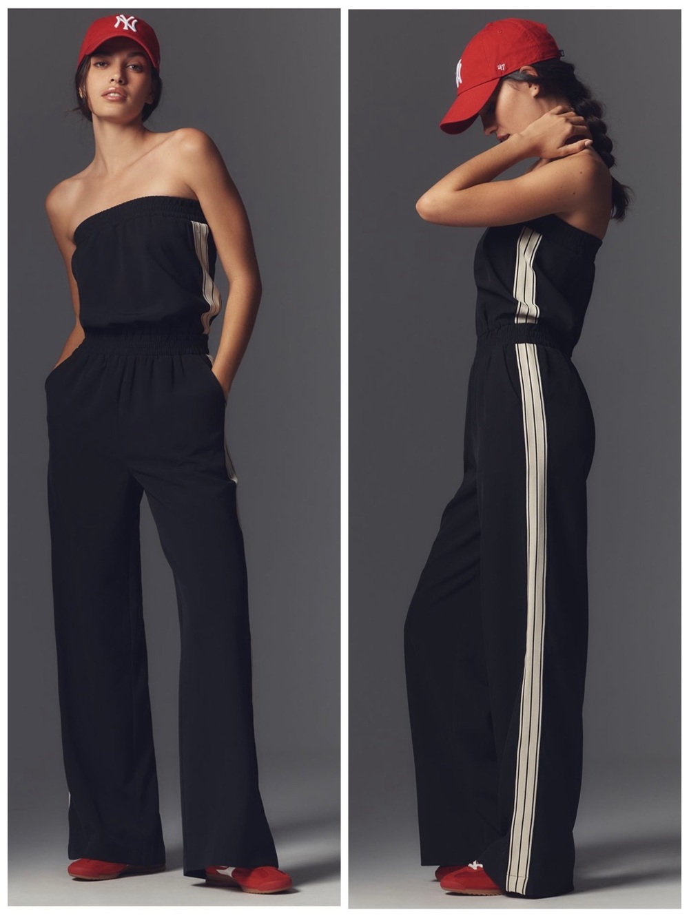 Anthropologie Sporty Black Side Stripe Strapless Wide Leg Jumpsuit M Fall